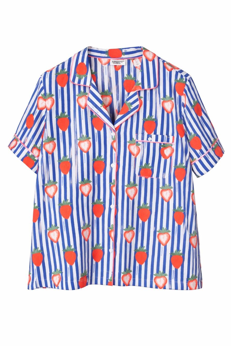 Strawberry Stripe Blue White Button Up Pajama Top Size Large